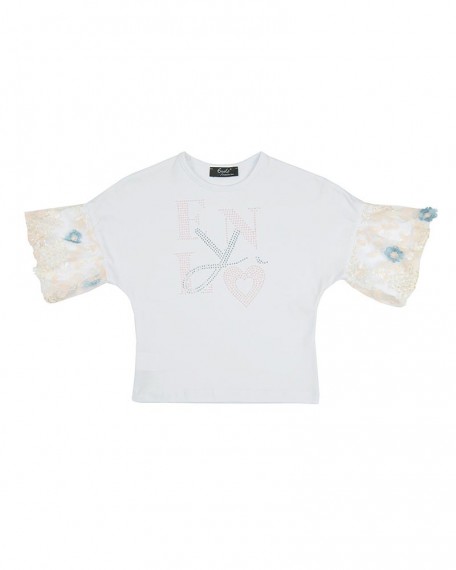 T-shirt Baby Enylò con Maniche a Palloncino in Tulle Ricamato