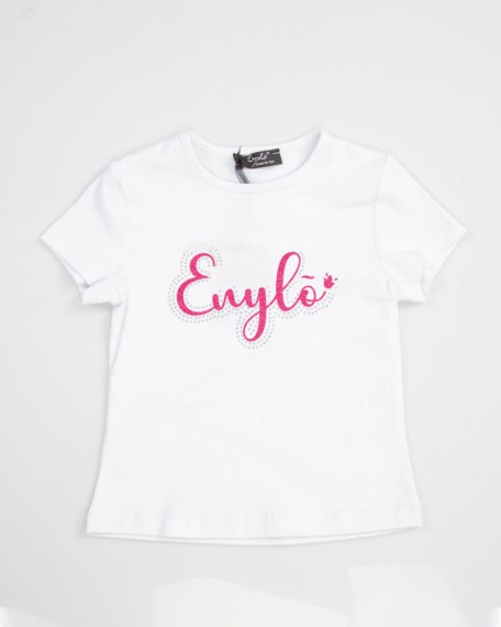 T Shirt Baby Con Stampa Enylo In Glitter Fuxia E Applicazione Strass