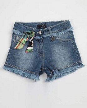 Short Ragazza Jeans Blu Sfranciato Con Fular Enylò